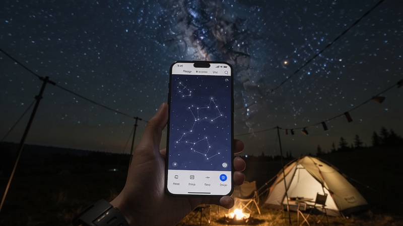 对准星空户外观星使用场景,用户手持手机对准夜空,屏幕显示星座识别画面,背景为郊外星空与帐篷,画面氛围宁静自然,突出软件实际使用体验,适配Boogu模型生成