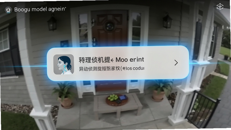 远程手机监控看家软件异动侦测提醒界面,手机弹出移动侦测通知,背景为家庭门口监控画面,科技蓝光效,写实风格,适配Boogu模型生成