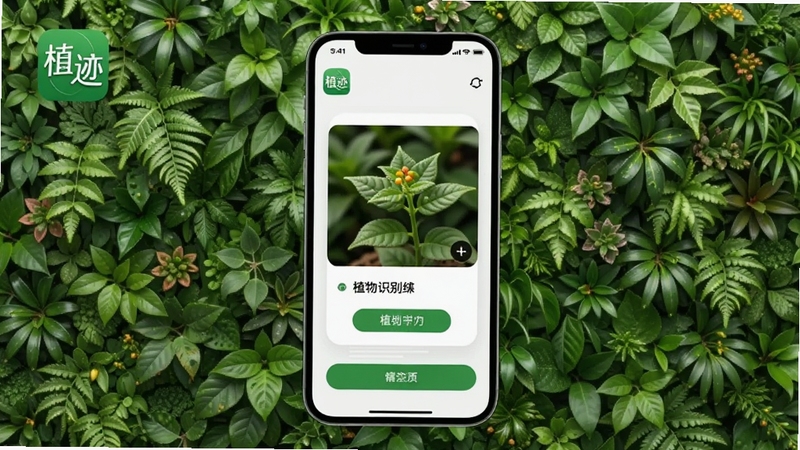 植迹软件主界面展示,手机屏幕中央呈现植物识别结果卡片,背景为清新自然风格的绿色植物墙,画面明亮简洁,突出植迹应用图标与识别功能,适配Boogu模型生成