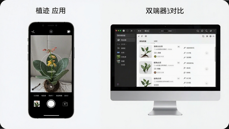 植迹应用在手机与模拟器双端运行对比图,左侧手机展示拍照识别界面,右侧电脑模拟器展示植物档案列表,画面整洁科技感,体现跨设备使用场景