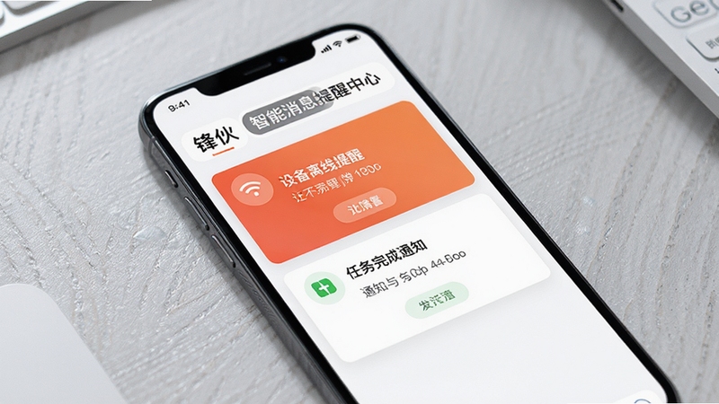 锋伙智能消息提醒中心界面,手机屏幕展示设备离线提醒与任务完成通知卡片,顶部带有消息分类标签,背景为浅灰质感桌面,画面简洁突出提醒功能