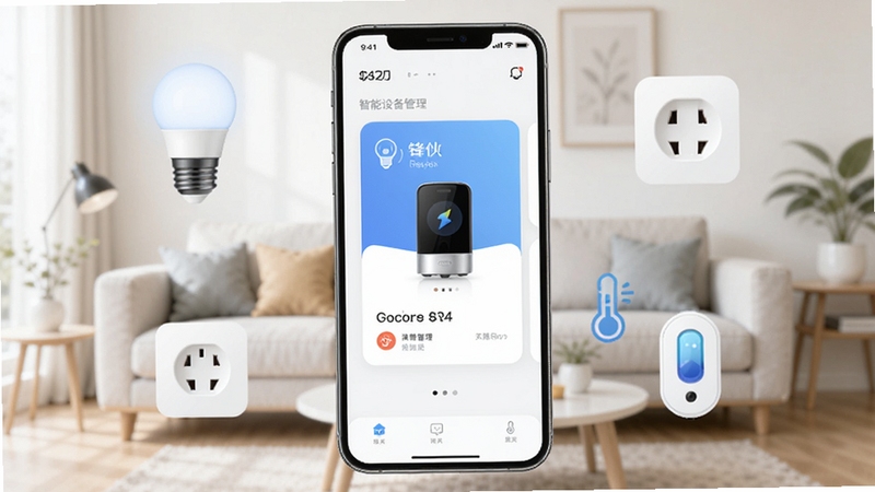 画面中央放置一部手机,屏幕显示锋伙智能的卡片式设备管理界面,手机周围环绕智能灯泡、智能插座与温湿度传感器等设备图标,背景为浅色家居客厅虚化场景,整体风格清爽明亮,突出软件集中管理智能设备的定位