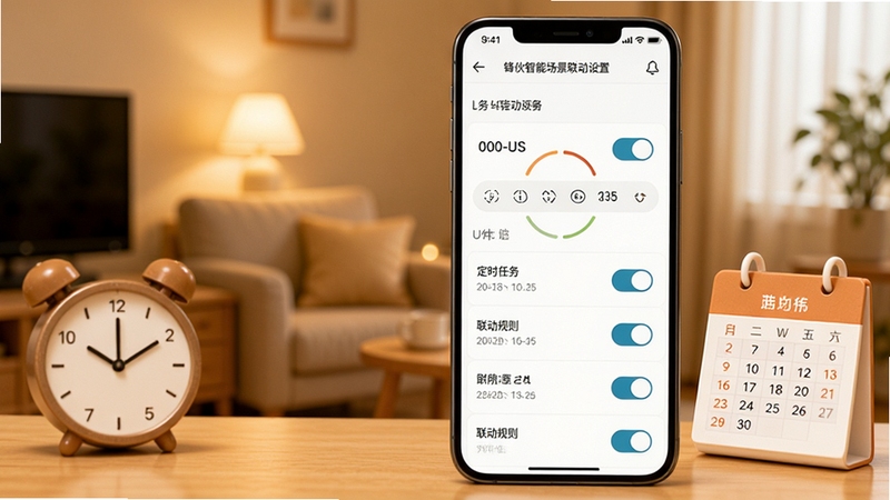 锋伙智能场景联动设置页面,手机屏幕显示定时任务与联动规则列表,带有时间选择器与开关滑块,旁边配时钟与日历元素点缀,背景为暖色系居家环境虚化,体现按作息自动执行的功能