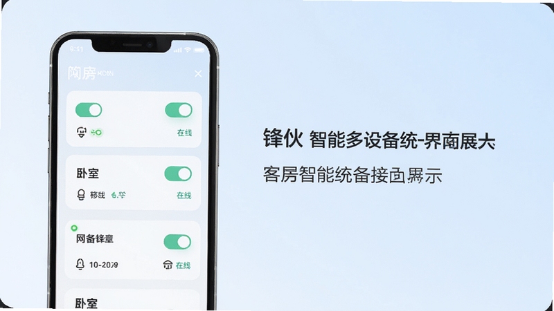 锋伙智能多设备统一接入界面展示,手机屏幕呈现按客厅卧室分组的设备卡片列表,每张卡片带有开关状态与在线标识,背景为柔和的浅蓝渐变,画面干净整洁,突出分类管理功能