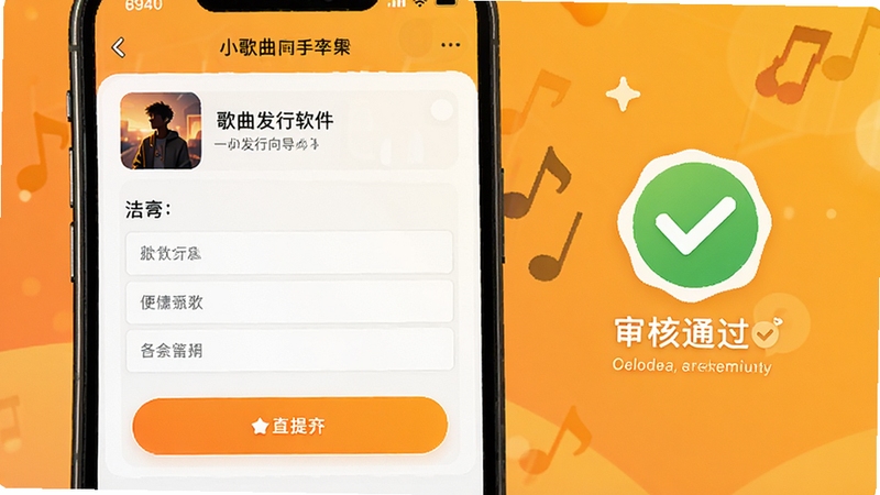 小歌曲发行软件内的一键发行向导界面,手机屏幕上显示歌曲信息填写表单与提交按钮,旁边有审核通过的对勾图标,背景为温暖的橙黄色调,突出便捷高效的音乐发行体验