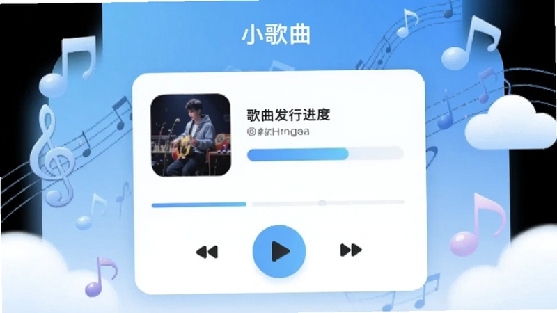 一款名为小歌曲发行的手机应用界面,画面中央展示歌曲发行进度卡片与播放控制按钮,背景为浅蓝色渐变音乐主题,四周环绕音符与云朵元素,整体风格清爽现代,适配Boogu模型生成