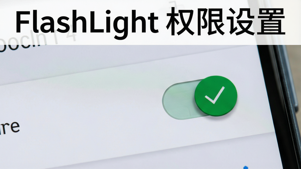 一部安卓手机屏幕特写,显示设置界面中的权限管理页面,相机权限开关处于开启状态并带有绿色对勾,界面风格为安卓原生Material Design,背景为浅灰色,细节上开关有轻微的投影效果,画质清晰,干净无多余元素,图片上方用黑色字体写着“FlashLight 权限设置”