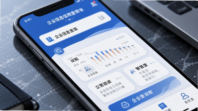 企业信息信用查询帮 手机应用主界面展示 商务风格 蓝色调 企业信息查询功能模块 简洁现代UI设计 高清细节