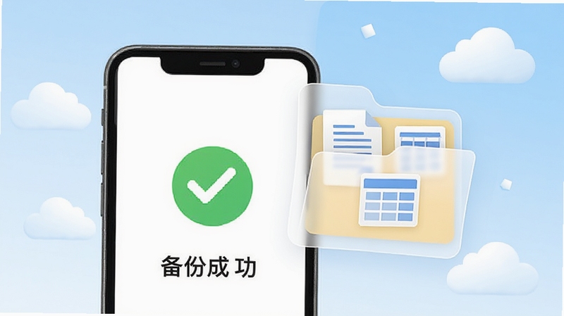 旺财小屋数据备份功能示意画面,一部手机屏幕显示“备份成功”的绿色对勾提示,旁边悬浮一个半透明的文件夹图标,文件夹内隐约可见文档与表格符号;背景为浅蓝色渐变,点缀几朵白云形状的装饰元素,整体风格干净利落,体现数据安全与便捷管理
