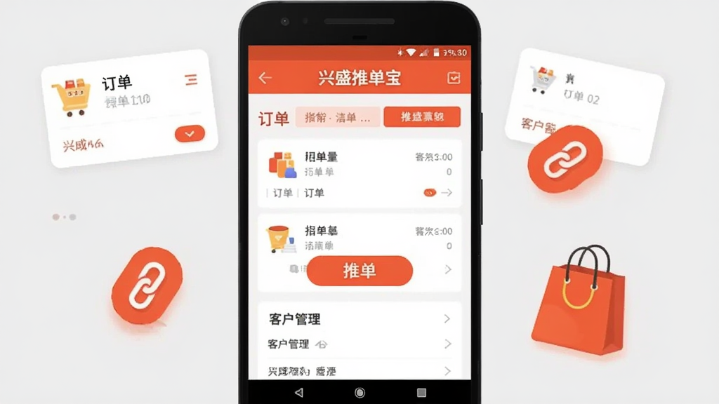 一幅竖版手机应用展示图,画面中央是一部安卓手机,手机屏幕上显示“兴盛推单宝”应用主界面,界面包含订单列表、推单按钮和客户管理三个区域,手机周围环绕着订单卡片、链接图标和购物袋图标,整体采用简洁的扁平化插画风格,配色以橙红和白色为主,背景为浅灰色,画面干净整洁,高清画质,无多余装饰元素