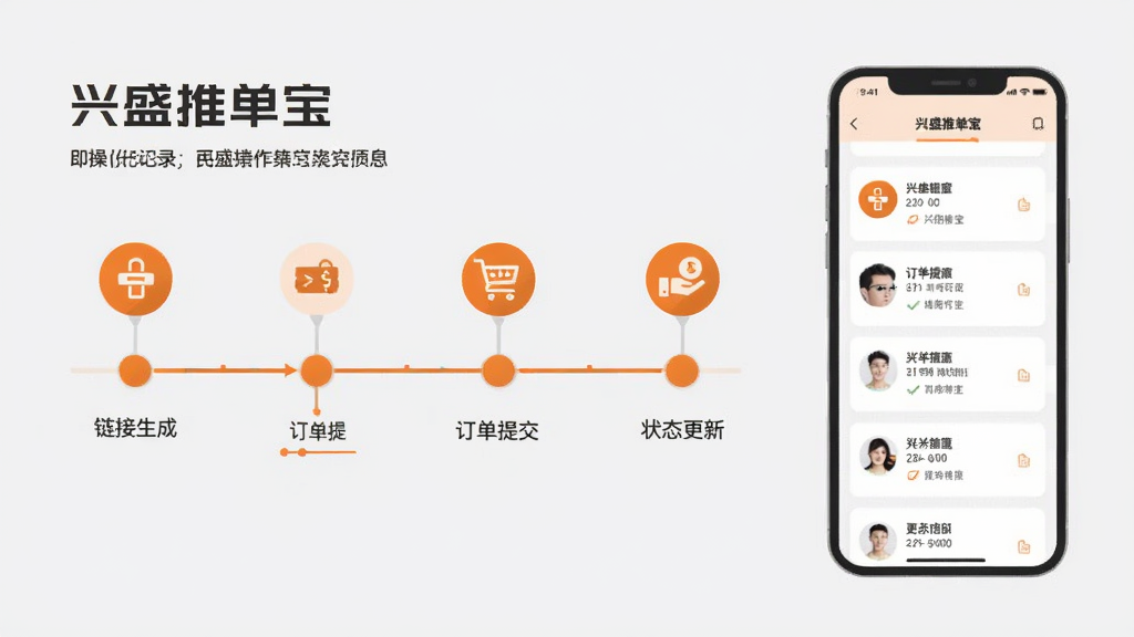 一幅横向信息图插画,画面以时间轴形式展示“兴盛推单宝”的操作记录页面,时间轴上分布着多个操作节点图标,包括链接生成、订单提交、状态更新等,画面右侧是手机界面展示记录列表,整体采用浅灰色背景与橙色节点高亮,扁平化信息图风格,布局疏朗,高清画质,干净整洁