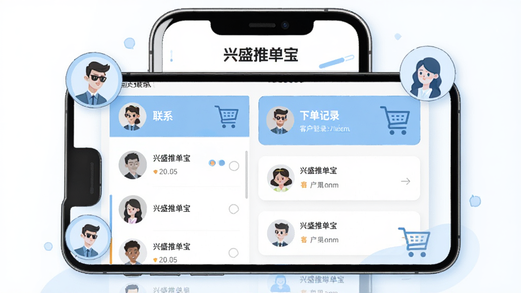 一幅应用界面示意图,画面中是一部手机展示“兴盛推单宝”客户管理页面,页面左侧为联系人列表,右侧为对应的下单记录卡片,画面中穿插人物头像图标和购物车图标,整体风格为简洁的商务插画,配色以白色和浅蓝色为主,布局清晰,高清画质,画面中文字“兴盛推单宝”作为标题显示