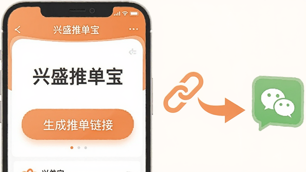 一幅横向构图的应用功能展示图,画面左侧是“兴盛推单宝”应用界面截图风格的插图,界面中有一个醒目的“生成推单链接”按钮,画面右侧是链接图标与分享箭头的组合图形,连接着微信聊天气泡图标,整体采用柔和的橙白色调,扁平化设计风格,背景干净,高清画质,画面中文字“兴盛推单宝”清晰可见