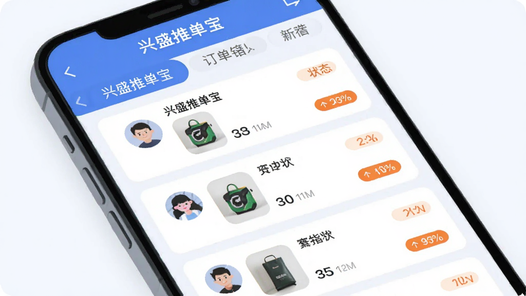一幅手机界面插画,画面展示“兴盛推单宝”订单管理页面,页面中有多条订单卡片纵向排列,每张卡片包含客户头像、商品缩略图和状态标签,顶部有筛选标签栏,整体采用清爽的浅色背景与蓝橙色点缀,扁平化UI风格,布局规整,高清画质,画面干净无杂乱元素