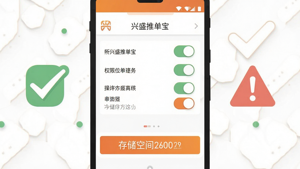 一幅安卓手机操作示意图,画面中是一部手机屏幕显示“兴盛推单宝”应用设置页面,页面上方有权限开关列表,下方有存储空间提示条,画面旁边配有勾选图标和警告图标,整体采用扁平化教程插画风格,配色为白色与橙色,布局清晰,高清画质,画面干净无多余元素