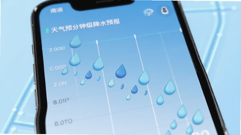 准天气预报分钟级降水预报界面特写,手机屏幕显示降雨时间轴与雨滴动画图标,背景为浅蓝色渐变,画面简洁科技感强