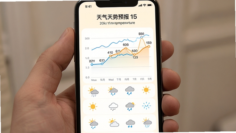 准天气预报15天天气趋势图表界面,手机屏幕展示温度折线图与每日天气图标列表,背景为柔和米白色,画面清晰易读