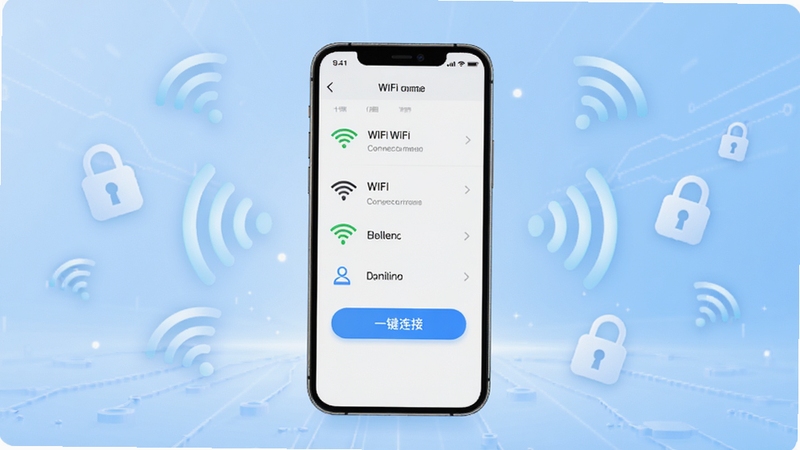 ����WIFI��������������������չʾ����������Ϊ�ֻ���Ļ��д����Ļ��ʾ����WiFi�����б���һ�����Ӱ�ť������Ϊǳ��ɫ����Ƽ��пռ䣬��ΧƯ�����źŲ���ͼ�������α�ʶ����������ˬ����������Booguģ������