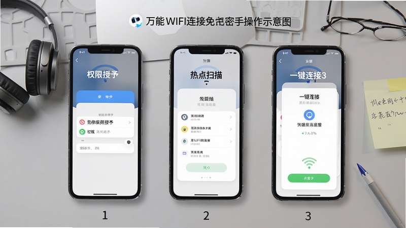 ����WIFI�����������ֲ���ʾ��ͼ������Ϊ�ֻ���Ļ�ֲ���ͼ���չʾȨ�����衢�ȵ�ɨ�衢һ��������������Ľ���仯������Ϊǳ��ɫ����̨�棬�Ա߷��ö������ǩֽ�������������ʵ�У�����Booguģ������