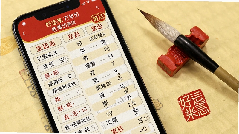好运来万年历老黄历宜忌页面细节图,画面主体为手机屏幕上的宜忌条目列表,背景为淡黄色纸张纹理,旁边配一支毛笔与红色印章元素,风格传统雅致