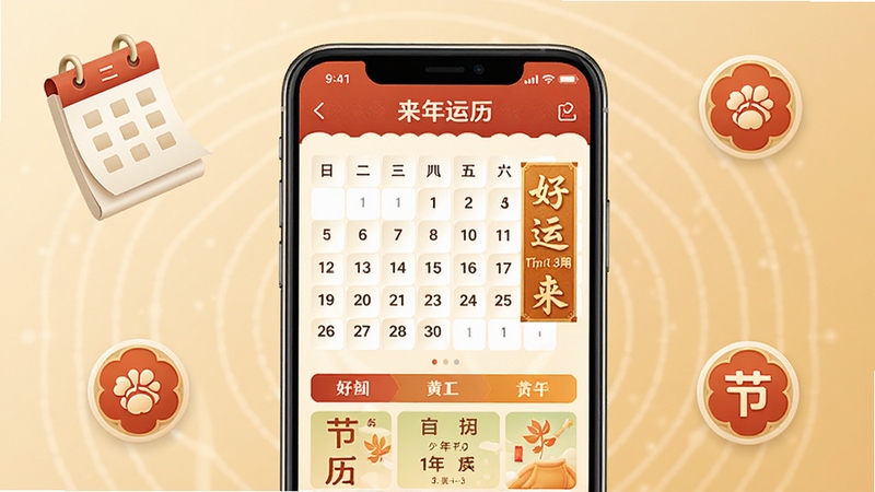 好运来万年历软件主界面全貌展示,画面中央是手机屏幕显示日历与黄历信息,背景为温暖米色渐变,四周点缀日历翻页与节气图标,整体风格简洁清晰,适配Boogu模型生成