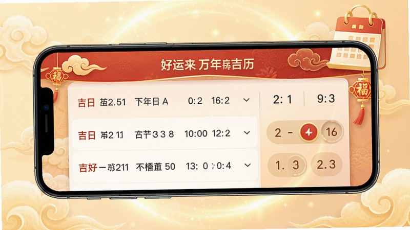 好运来万年历黄道吉日筛选页面展示,手机屏幕呈现吉日列表与日期选择控件,背景为柔和浅金色光晕,配以祥云与日历图标装饰,整体氛围喜庆稳重