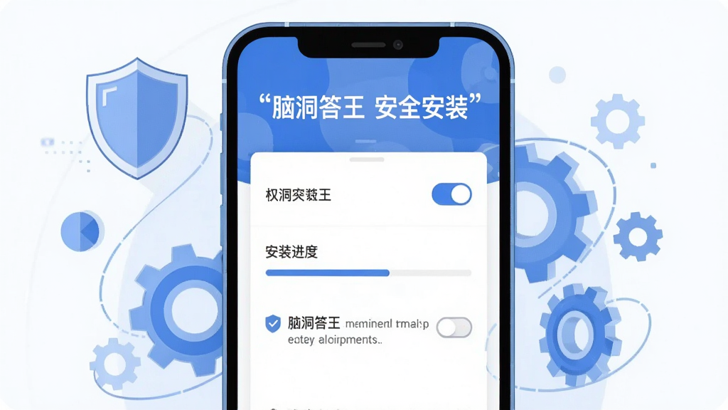 主体是手机安装答题应用时的权限设置界面,布局为手机竖屏居中、周围环绕盾牌与齿轮图标,排版上方标题下方设置列表,风格为扁平化科技插画、蓝白配色,细节包括权限开关、安装进度条、安全提示文字,画质清晰干净无多余元素,图片中文字加引号“脑洞答王 安全安装”