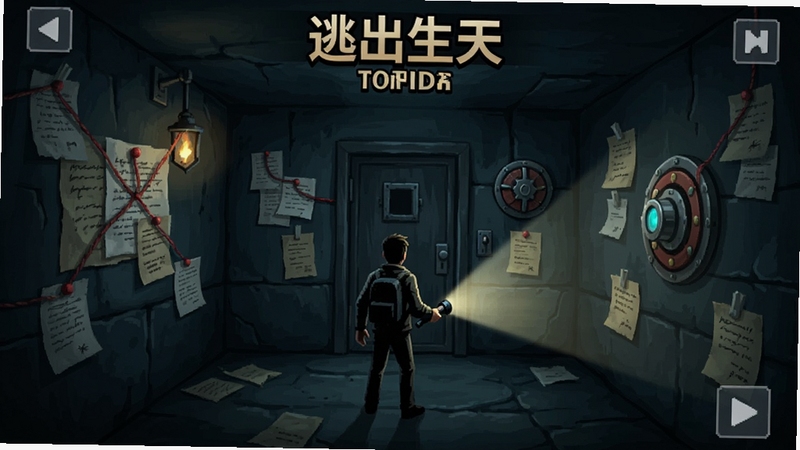 逃出生天冒险游戏主界面全景,画面中央是昏暗密室场景,角色站在门前手持手电筒,四周墙面布满线索纸条与机关转盘,整体色调偏冷暗,突出悬疑逃脱氛围,手机游戏截图风格,细节清晰