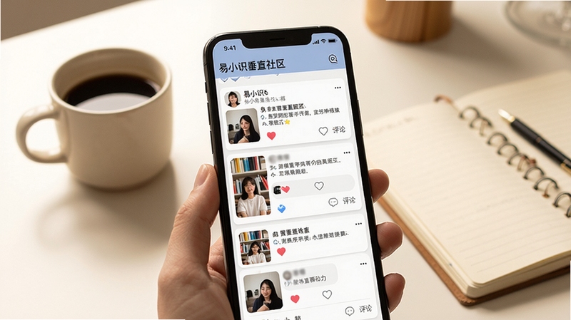 易小识垂直社区页面展示,手机屏幕呈现信息流列表,每条动态配有缩略图与点赞评论图标,背景为暖白色调的书桌场景,旁边放置咖啡杯与笔记本,画面温馨自然,突出社区交流氛围