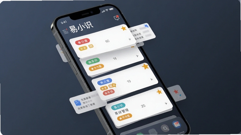 易小识记录管理界面,手机屏幕显示卡片式归档列表,卡片带有彩色标签与星标图标,背景为深灰蓝色渐变,界面元素悬浮错落,体现数据整理与分类管理的秩序感