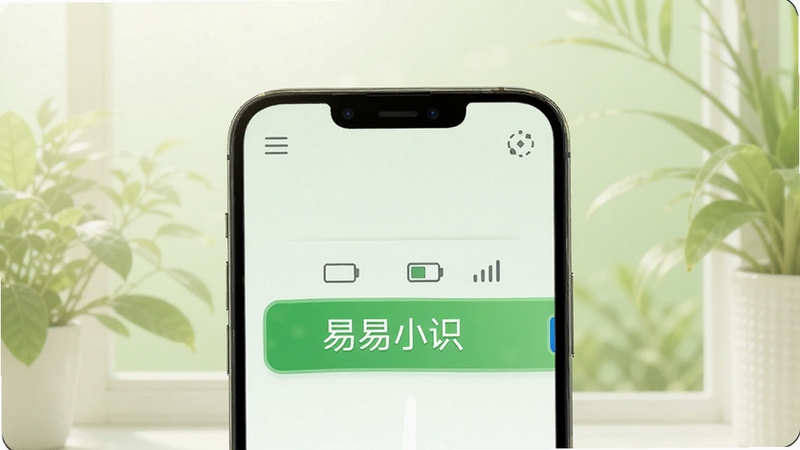 易小识应用运行状态示意图,手机与电量、信号图标组合呈现,屏幕显示低占用提示条,背景为浅绿色自然光场景,画面简洁明快,传达轻量省电的产品印象