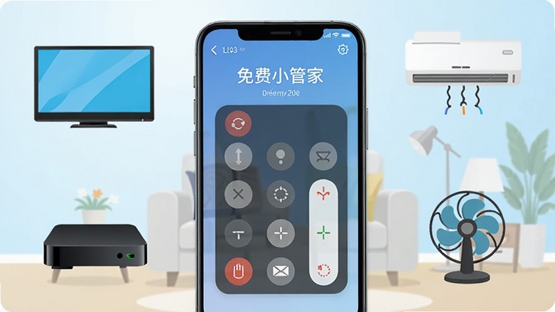 画面中央是一部竖屏智能手机,屏幕显示万能遥控家电免费小管家简洁的遥控面板界面,周围环绕电视、空调、机顶盒、风扇等家电的扁平化图标,背景为浅蓝渐变的家居客厅场景,整体风格清爽明亮,适合软件下载站展示图使用