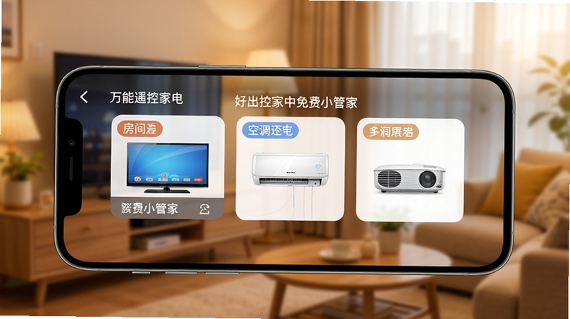 万能遥控家电免费小管家多设备管理界面展示,手机屏幕内并排显示电视、空调、投影仪三个遥控卡片,卡片带有房间标签,背景是温馨的家居环境虚化处理,画面色调柔和,突出软件名称万能遥控家电免费小管家
