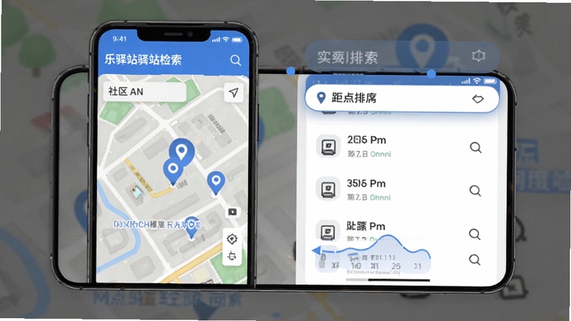 乐驿站周边驿站检索功能界面,手机屏幕显示地图与网点列表,画面中有社区街道与驿站标识,风格简洁现代,突出智能检索与距离排序的视觉元素