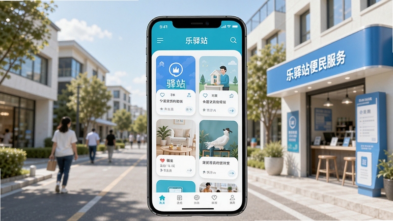乐驿站应用整体界面展示,画面中央为手机屏幕呈现乐驿站首页卡片式布局,背景为现代社区街景与驿站网点元素,整体色调清新明亮,突出便民服务氛围