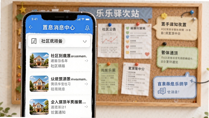 乐驿站社区资讯与通知推送界面,手机屏幕呈现资讯列表与消息中心分类,背景为社区公告栏与信息提示元素,整体风格明快,突出资讯汇总与置顶通知功能