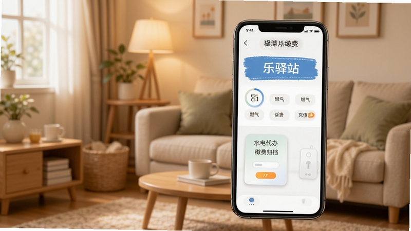 乐驿站生活缴费页面展示,手机界面呈现水电燃气与话费充值入口,背景为温馨家居环境,色调柔和,体现便民代办与缴费归档功能