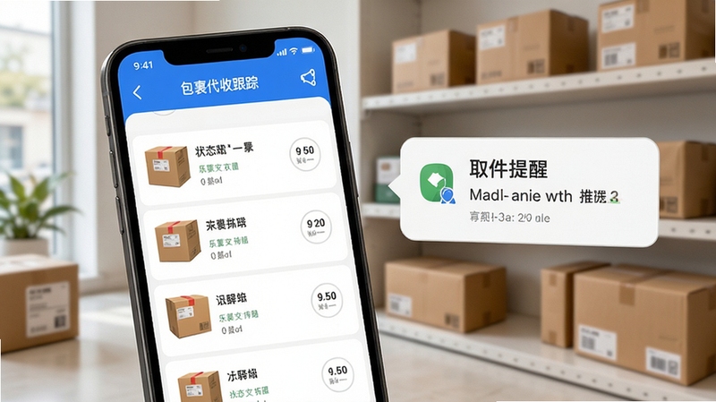 乐驿站包裹代收跟踪界面,手机屏幕显示包裹列表与取件提醒通知,画面中有快递包裹与驿站货架元素,风格清爽,突出状态跟踪与提醒推送功能
