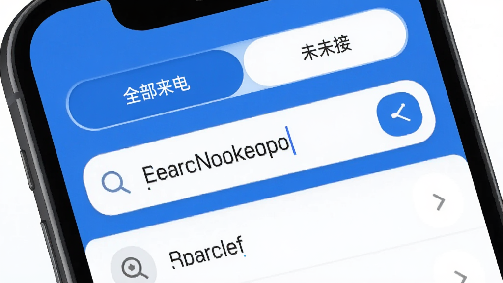 手机界面展示搜索框输入关键词后通话记录列表实时过滤的效果,屏幕上方有筛选标签栏包含全部来电去电未接选项,界面风格清爽简洁,蓝白主色调,布局为上下结构,细节包括搜索图标和筛选按钮的圆角设计,画质高清干净无多余元素