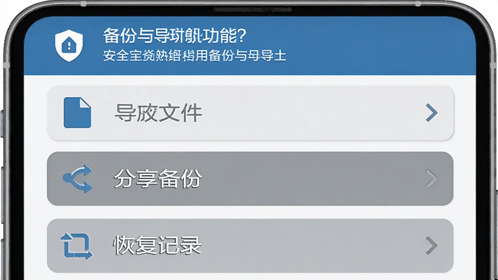 手机界面展示备份与导出功能页面,包含导出为文件、分享备份、恢复记录等按钮选项,页面顶部有安全提示图标和文字说明,界面风格为简洁商务风,蓝灰配色,布局为列表式排列,细节包括文件图标和箭头指示,画质高清干净无多余元素