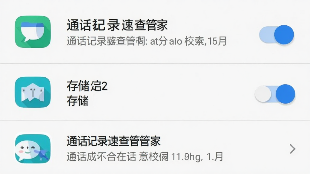 安卓手机设置界面展示应用权限管理页面,通话记录速查管家图标旁显示通话记录和存储两项权限开关,界面为系统设置风格,白色背景配蓝色开关按钮,布局为列表式,细节包括权限说明文字和箭头图标,画质高清干净无多余元素