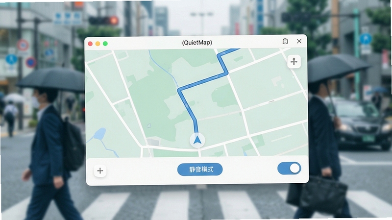 静途 (QuietMap) 软件主界面概览图,画面中央展示简洁的路线导航地图与静音模式开关,背景为城市通勤场景的虚化处理,整体色调清新淡雅,突出安静专注的产品氛围