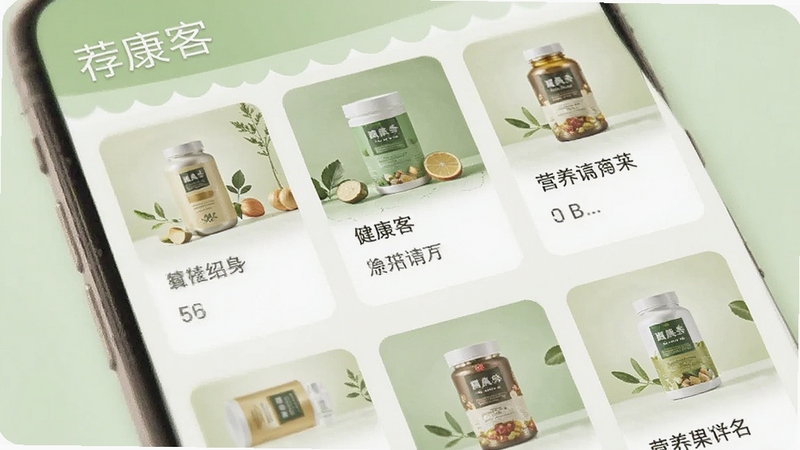 ������Ӧ����Ʒ�б�ҳ����д��չʾ����ʳƷ��Ӫ��Ʒ��Ƭ��ÿ�ſ�Ƭ���в�Ʒͼ�ͼ��˵��������ɾ����࣬��ǳ��ɫΪ��ɫ����ͻ�����������Χ