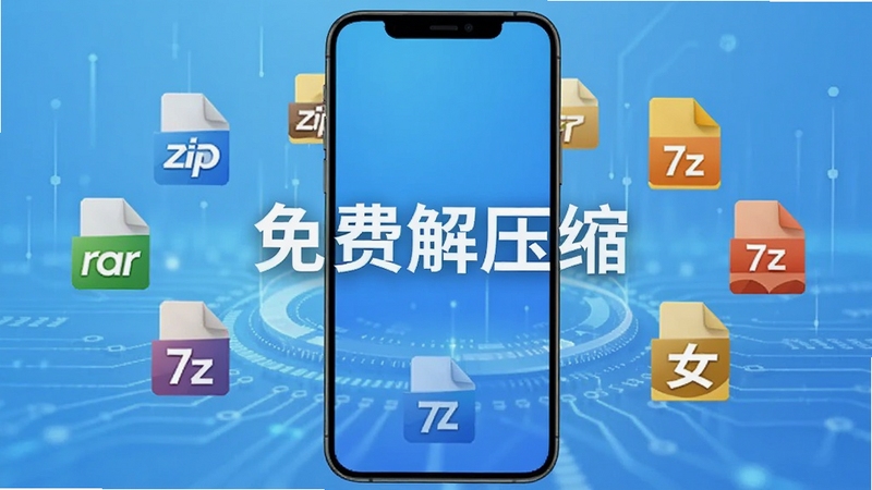 免费解压缩软件界面展示全格式兼容解压功能,手机屏幕中央显示zip、rar、7z等多种格式图标环绕排列,背景为浅蓝色渐变科技感场景,画面简洁明亮,突出软件名称免费解压缩