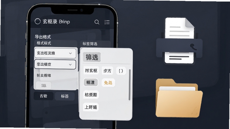 玄枢录导出功能界面示意图,手机屏幕显示导出格式选择与标签筛选面板,旁边配有打印纸张和文件夹图标,整体色调沉稳