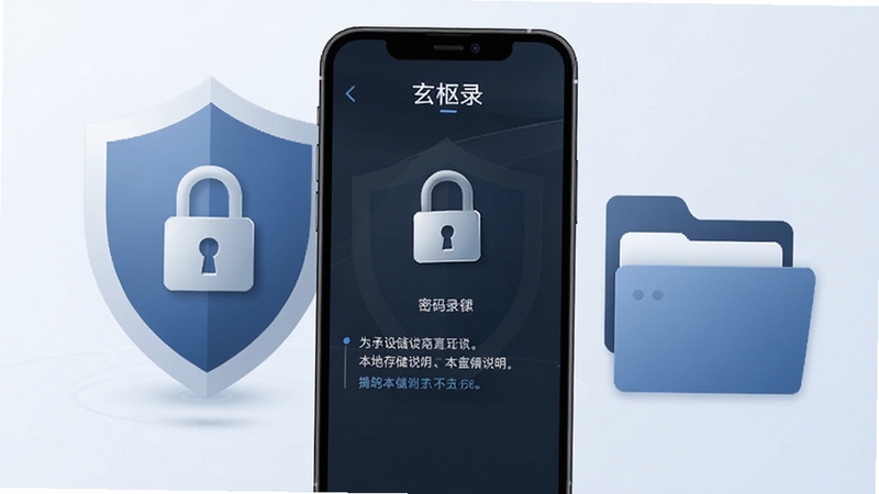 玄枢录安全设置界面示意图,手机屏幕显示密码锁开关与本地存储说明,背景为简洁的盾牌与文件夹图形,色调冷静
