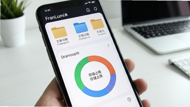 FranLumi 文件管理功能界面特写,手机屏幕显示分类文件夹与存储占用环形图,背景为简约办公桌面,画面清晰突出操作便捷性