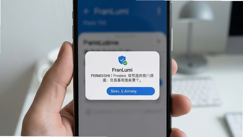 FranLumi 权限提示弹窗场景,手机屏幕显示权限说明对话框,背景为柔和浅灰环境,画面体现安全规范的使用氛围