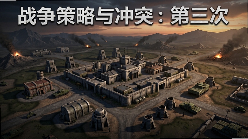 战争策略与冲突:第三次游戏主界面全景,画面中央是一座现代化军事基地俯瞰视角,四周分布着资源建筑与防御工事,背景为黄昏时分的广阔战场与远处山脉,整体色调偏硬朗写实,突出策略战争氛围,画面包含游戏名称战争策略与冲突:第三次