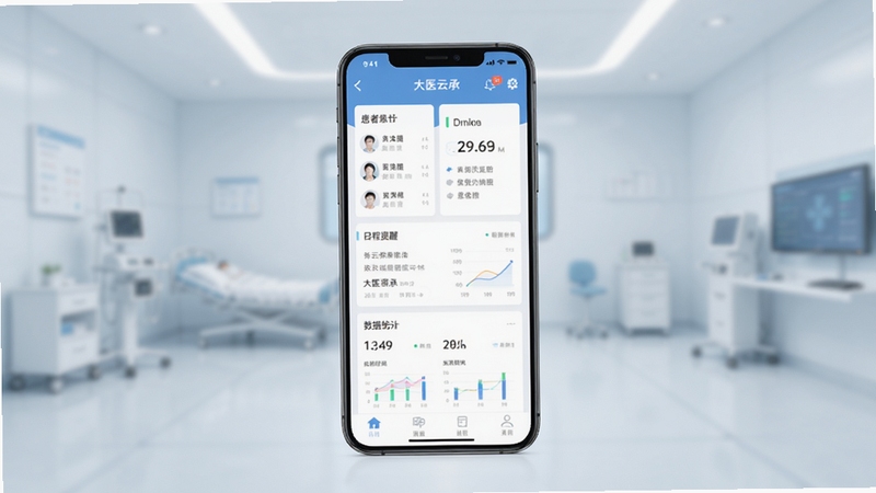 大医云承软件主界面全貌展示,画面中央为一部竖屏智能手机,屏幕内呈现医疗办公类APP的首页仪表盘布局,包含患者列表卡片、日程提醒模块与数据统计小图表面板,背景为干净的浅蓝灰色渐变医疗风格空间,四周虚化处理,整体色调清爽专业,适合软件下载站头图使用